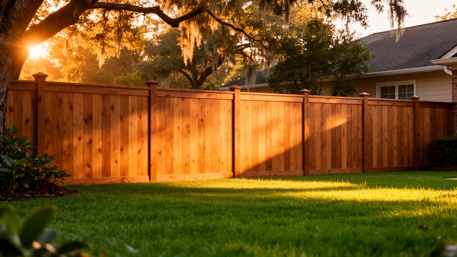 Beautiful wood privacy fence at golden hour in Louisiana backyard
